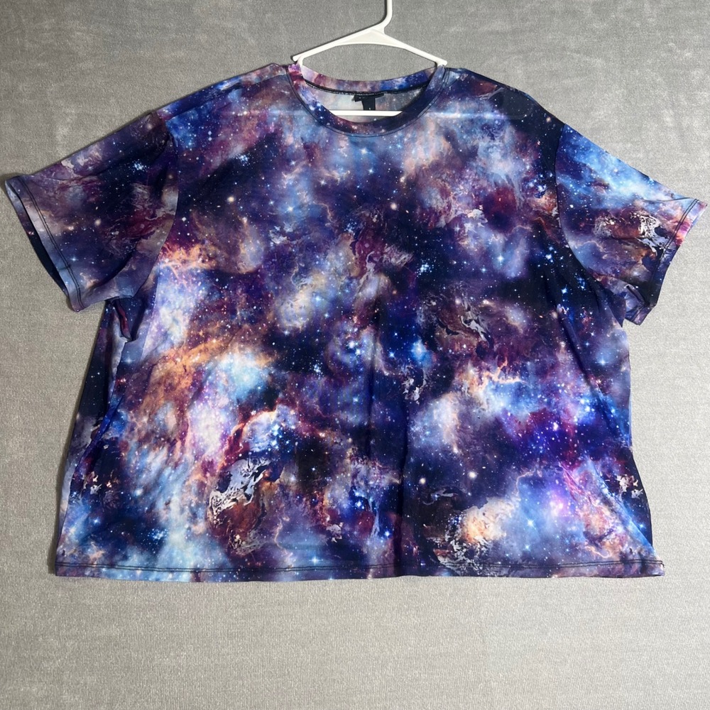 Torrid Galaxy Mesh Crop Top Shirt Plus Size 1 Purple Nebula Print Short Sleeve